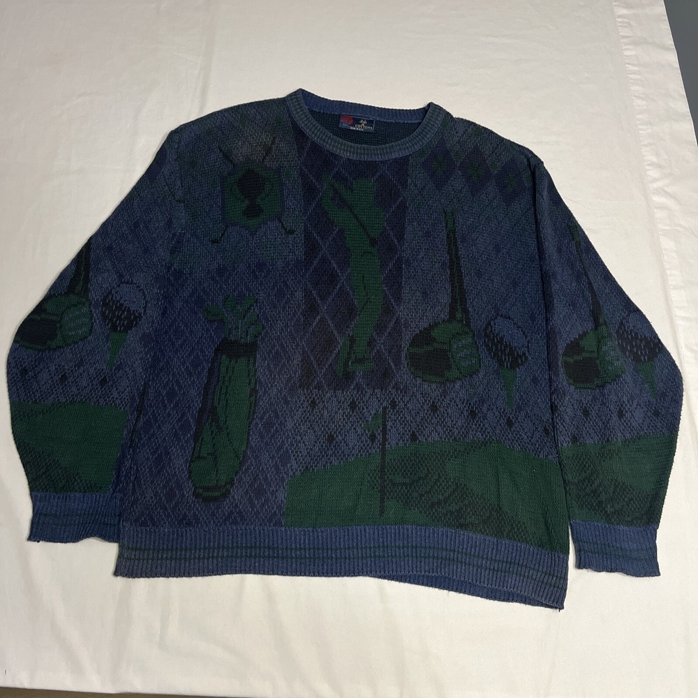 Vintage Isle of Cotton Sweater Mens XL Golfer Argyle Knit Blue Grandpa USA Made